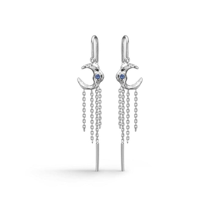 Studio Z Lunar Solv Earrings, zilveren oorbellen met maanvorm, blauwe steen en ketting. Model 7107881-1