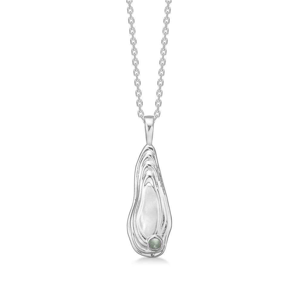 Studio Z Schelpketting met zilveren ketting en uniek hangerdetail in glanzend metaal, groene steen, Model 7127828-1