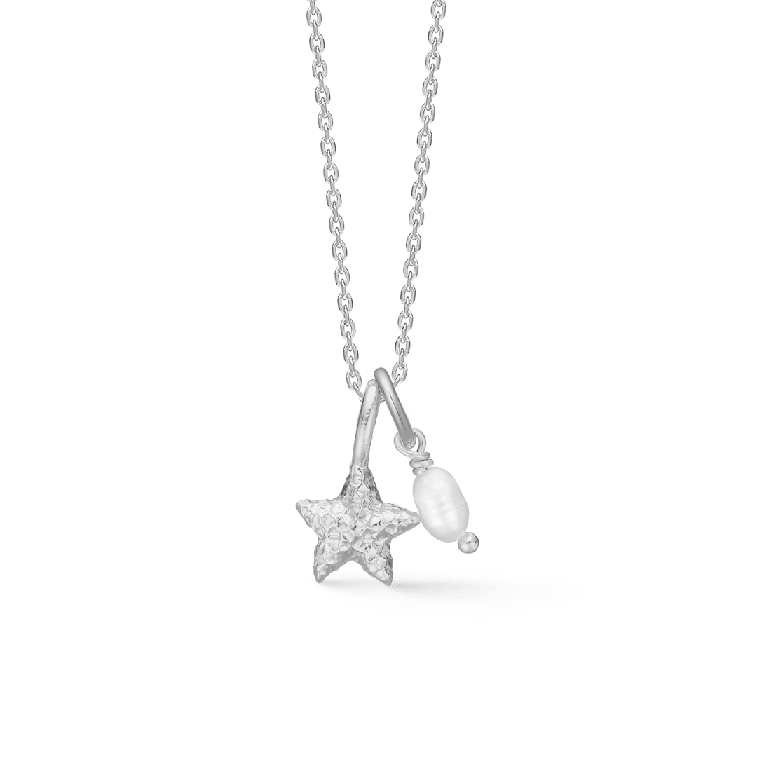 Studio Z Starfish Lustre zilveren ketting met zeester en parel hanger aan dunne ketting. Model 7123903-1