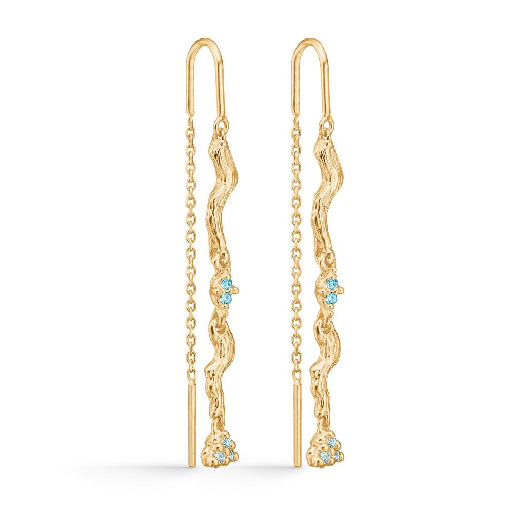 Studio Z Tangled Chain oorbellen met ketting in goud en blauwe zirkonia, organische vorm. Model 7207847-1