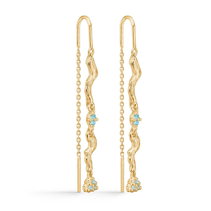 Studio Z Tangled Chain oorbellen met ketting in goud en blauwe zirkonia, organische vorm. Model 7207847-1