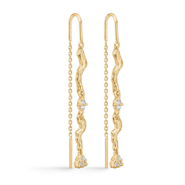 Studio Z Tangled Chain Oorbellen met Zirkonia tonen lange, gouden strengen met heldere stenen, Model 7207849-1.