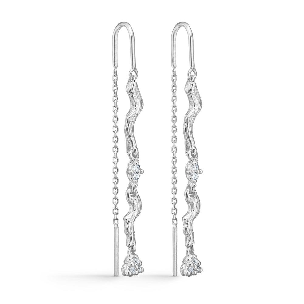 Studio Z Tangled Chain oorbellen zilver met zirkonia, elegante kettingoorbellen met golvend design. Model 7107849-1