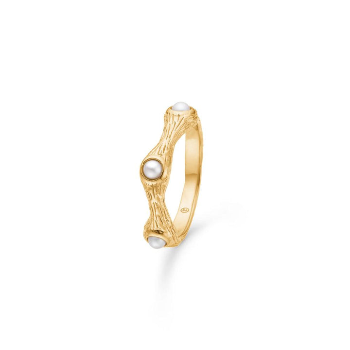 studio-z-tangled-ring-vergulde-m-zirconia, gedetailleerde gouden ring met structuur en drie witte stenen op witte achtergrond. Model 7243814-001