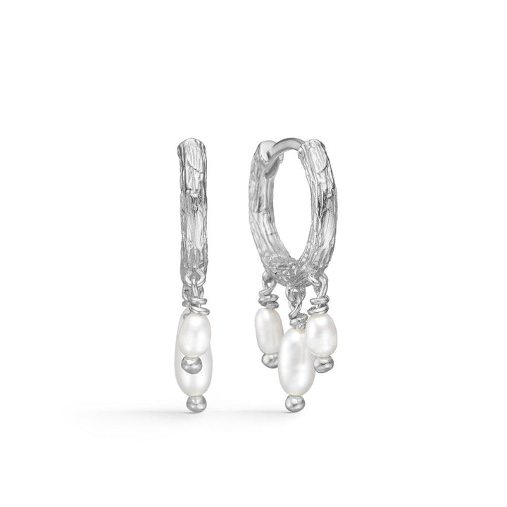 Studio Z Twine Silver Creole with Pearls toont een paar zilveren creolen met hangende witte zoetwaterparels. Model 7113854-1
