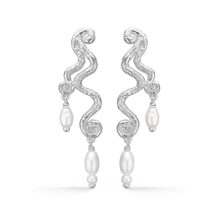 Studio Z Wave gedraaide zilveren design oorbellen met witte barokke parels, model 7113846-1