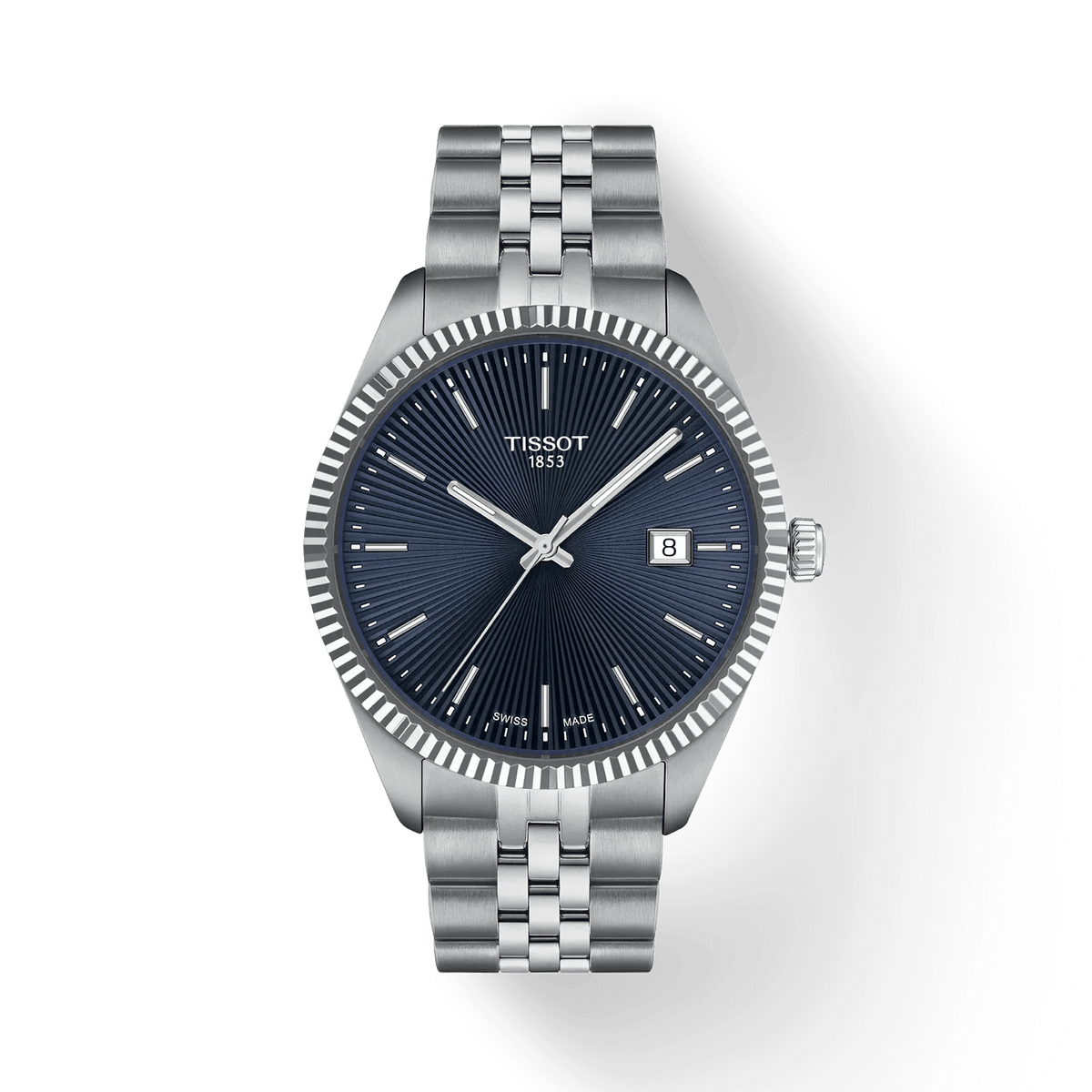 Tissot Ballade 40 mm met blauwe guilloche wijzerplaat en stalen ketting, elegant herenhorloge. ModelT1564101104100