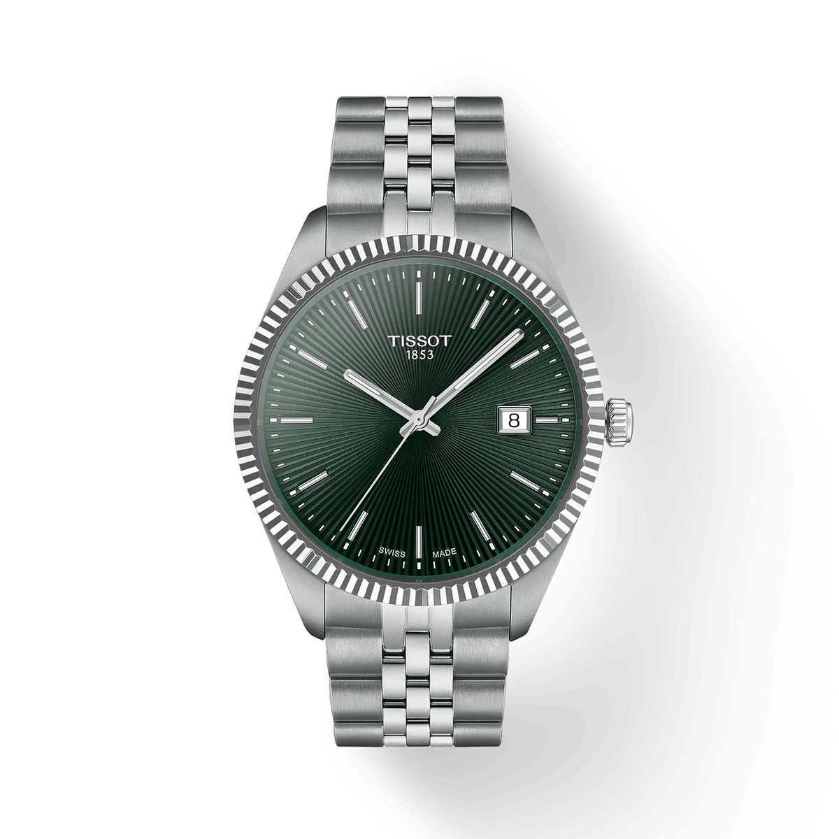 Tissot Ballade 40 mm met groene guilloche wijzerplaat en stalen ketting, elegant herenhorloge. ModelT1564101109100.