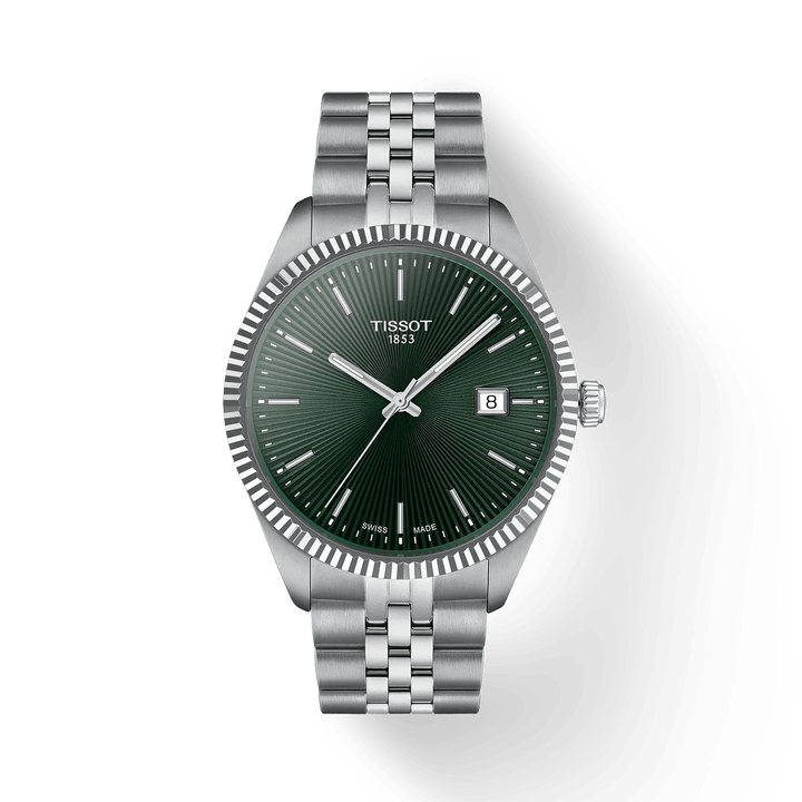 Tissot Ballade 40 mm met groene guilloche wijzerplaat en stalen ketting, elegant herenhorloge. ModelT1564101109100.