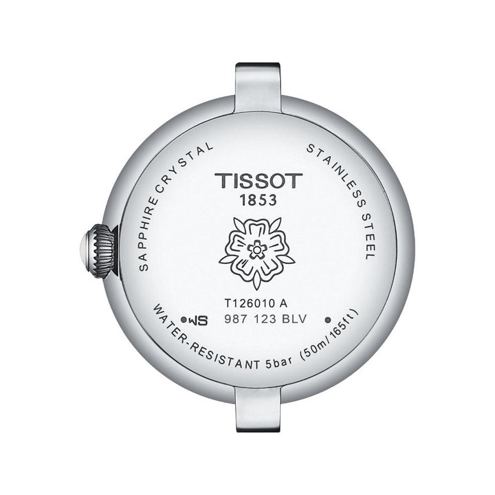 Tissot Bellissima Small Lady T1260101101300 roestvrijstalen kast, achteraanzicht met gravure. ModelT1260101101300