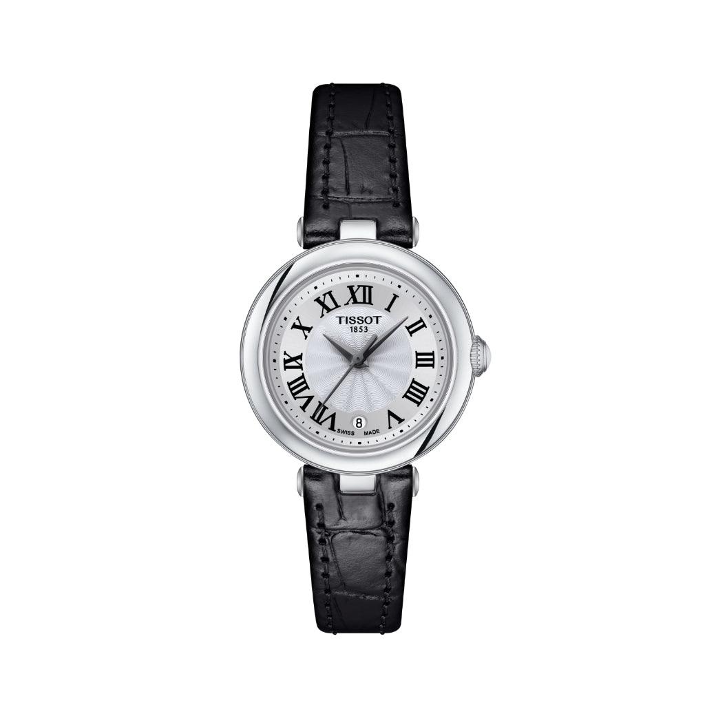 Tissot Bellissima Small Lady met zilveren wijzerplaat, zwarte Romeinse cijfers en zwart leren band. ModelT1260101601300.