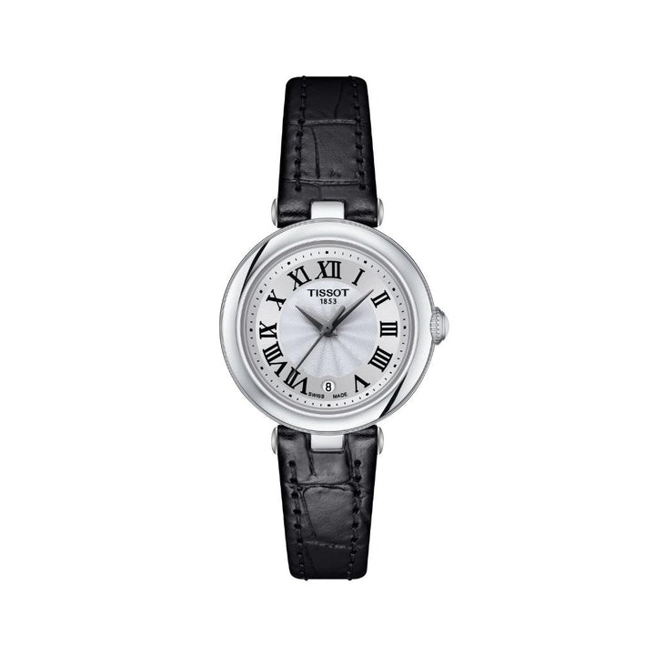 Tissot Bellissima Small Lady met zilveren wijzerplaat, zwarte Romeinse cijfers en zwart leren band. ModelT1260101601300.