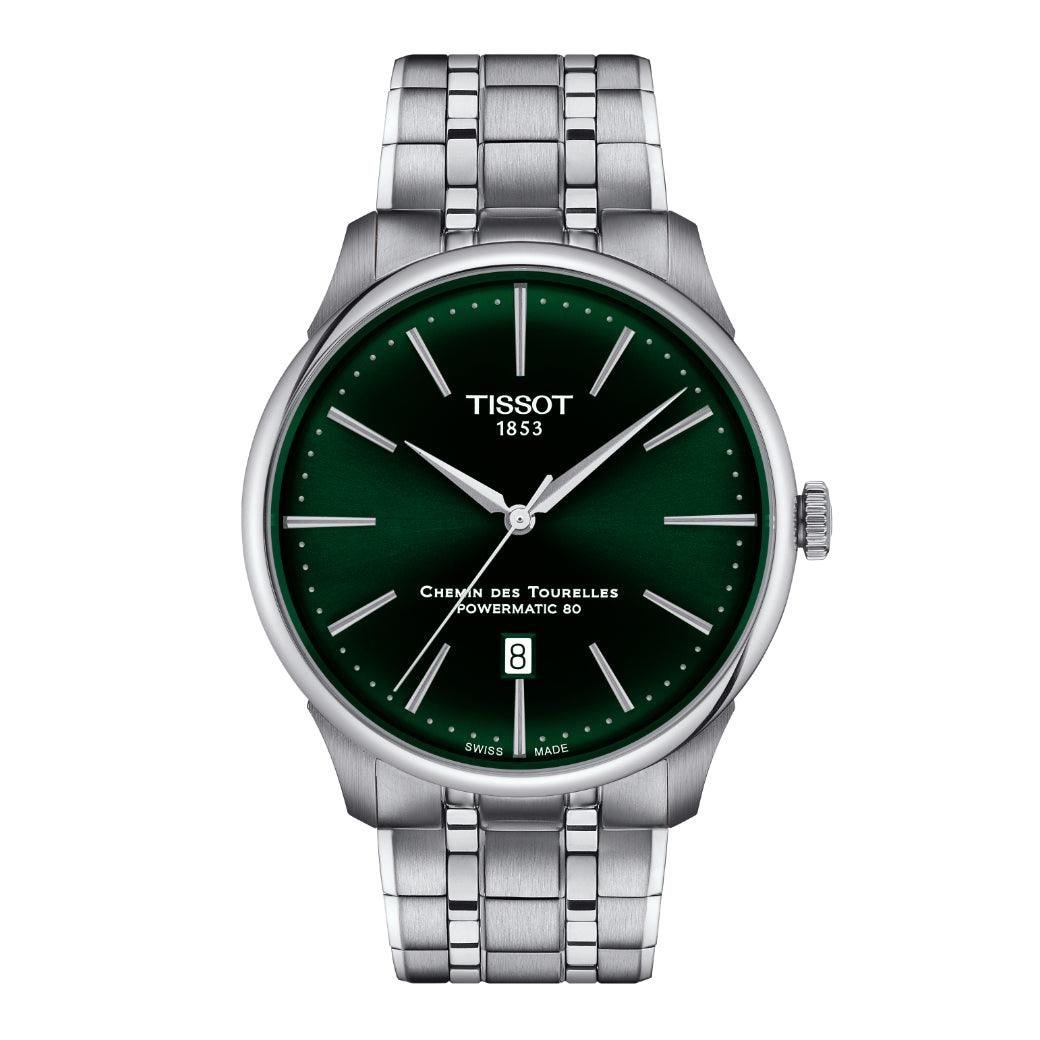 Tissot Chemin des Tourelles Powermatic 80 42 mm met groene wijzerplaat en stalen band, model T1394071109100