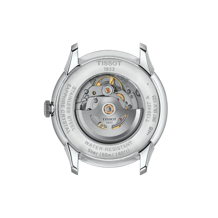 Tissot Chemin des Tourelles Powermatic 80 42 mm toont transparante kastbodem in staal. ModelT1394071109100