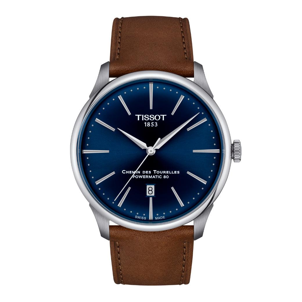 Tissot Chemin des Tourelles Powermatic 80 42 mm met blauwe wijzerplaat en bruin lederen band, model T1394071604100.