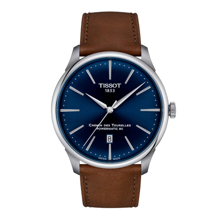 Tissot Chemin des Tourelles Powermatic 80 42 mm met blauwe wijzerplaat en bruin lederen band, model T1394071604100.