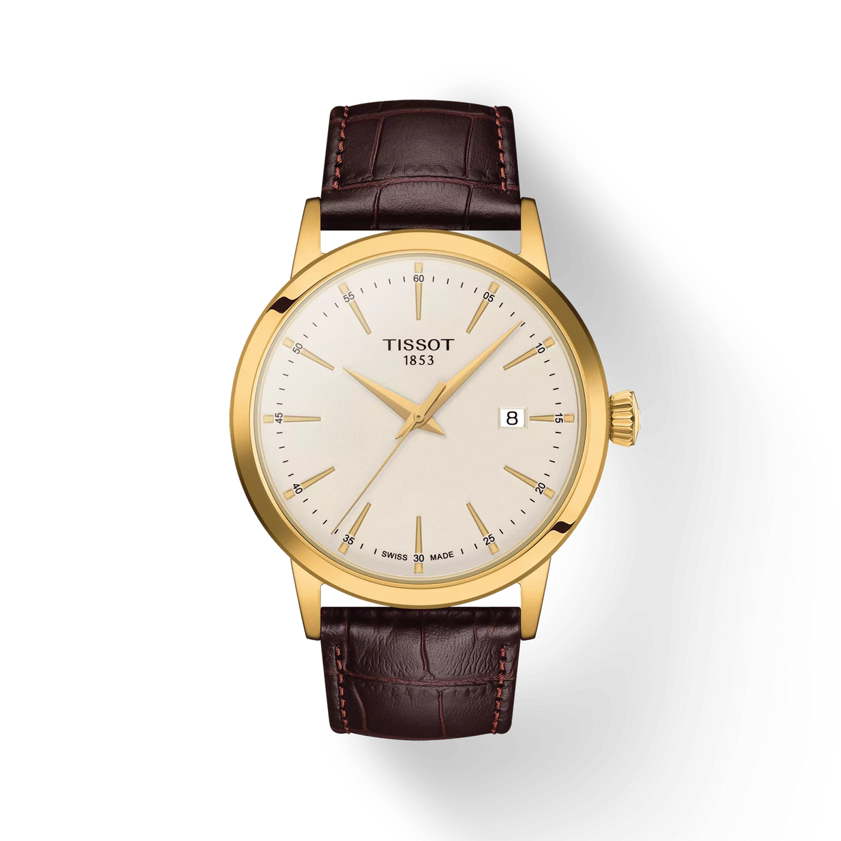 Tissot Classic Dream 42 mm goud PVD met bruine leren band, elegante wijzerplaat, model T1294103626100