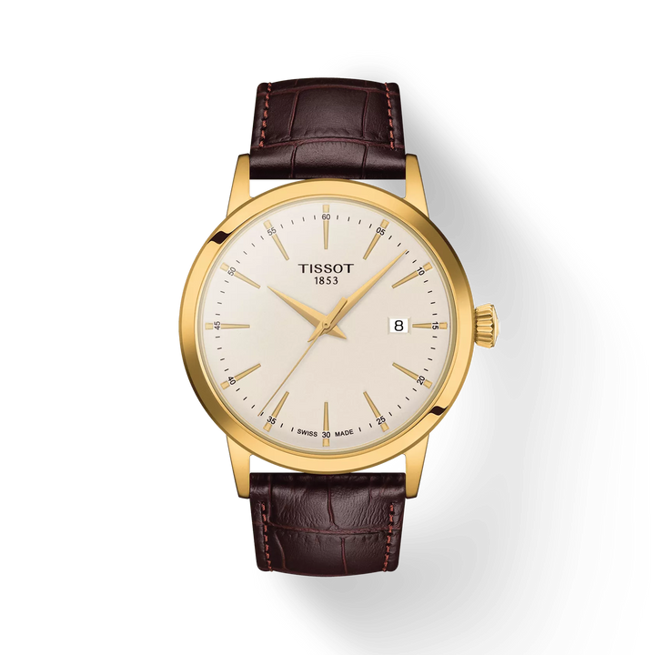 Tissot Classic Dream 42 mm goud PVD met bruine leren band, elegante wijzerplaat, model T1294103626100