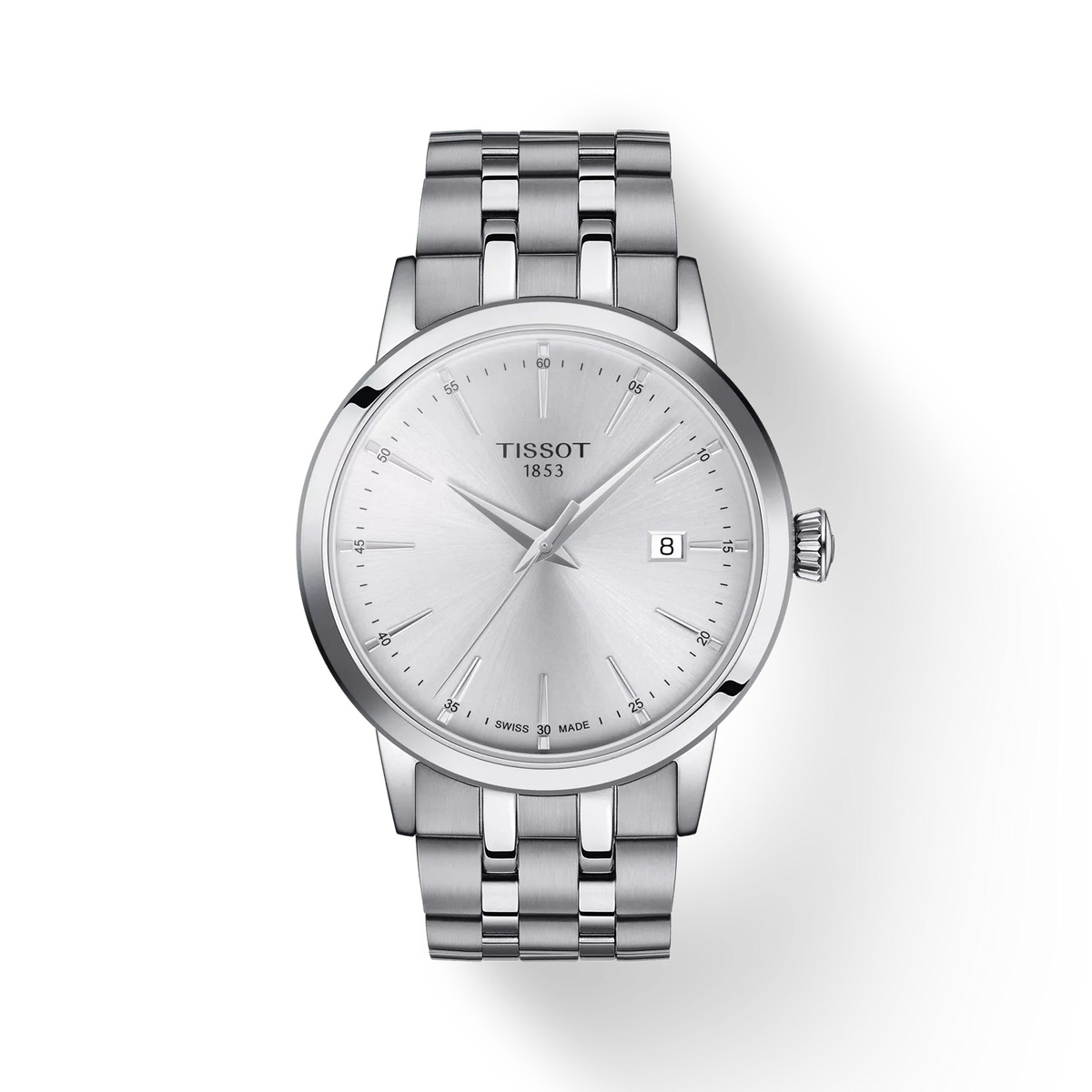 Tissot Classic Dream 42 mm stalen polshorloge met zilveren wijzerplaat en datumaanduiding. ModelT1294101103100