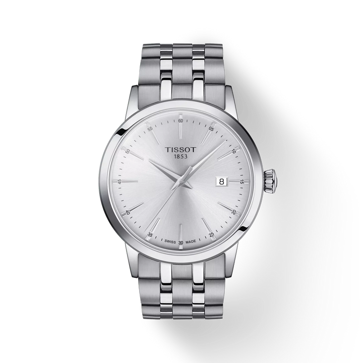 Tissot Classic Dream 42 mm stalen polshorloge met zilveren wijzerplaat en datumaanduiding. ModelT1294101103100