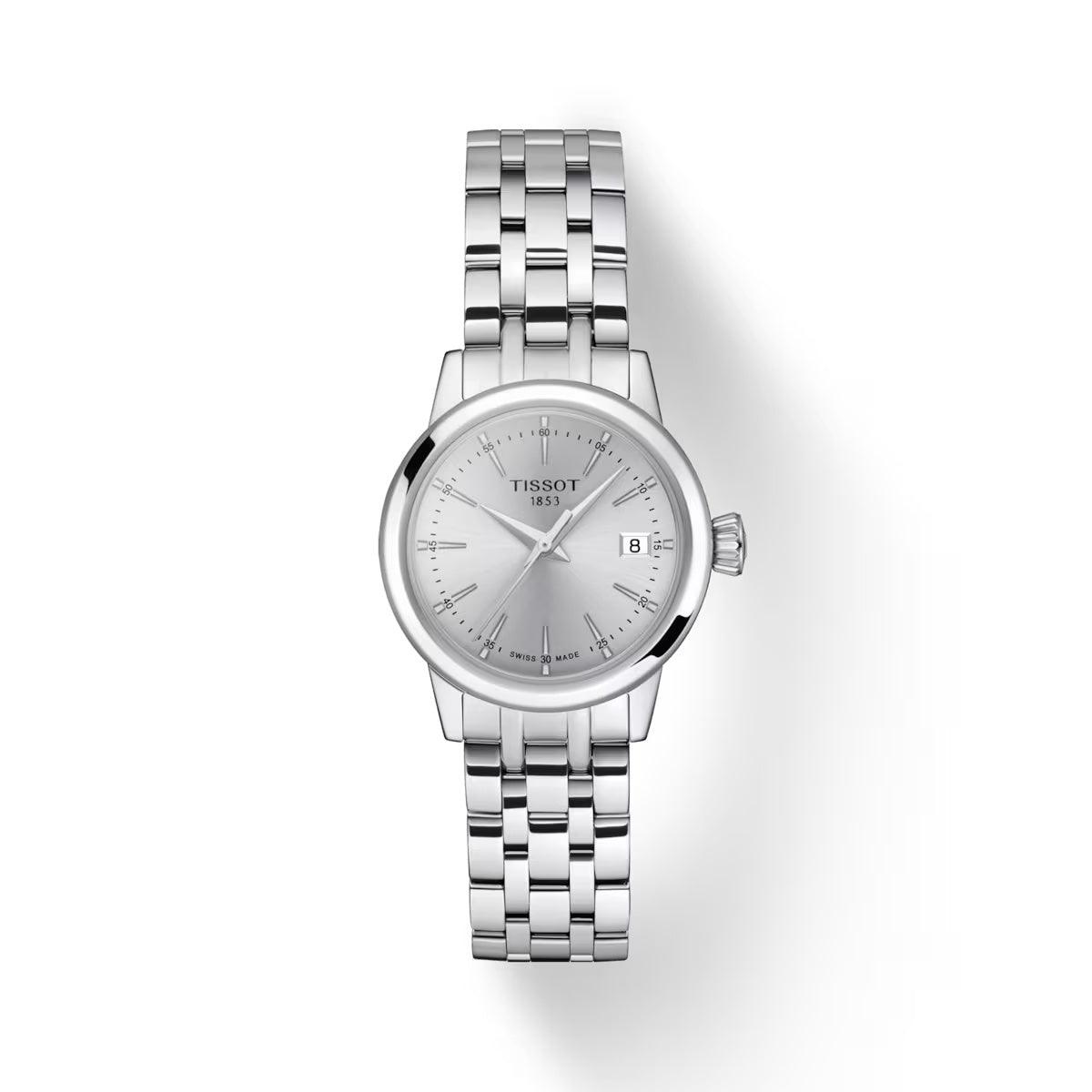 Tissot Classic Dream Lady met zilveren wijzerplaat en gepolijste stalen armband, model T1292101103100.