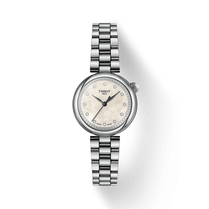 Tissot Desir 28 mm parelmoeren wijzerplaat en diamanten weergegeven in staal met elegante ketting. ModelT1520101111600
