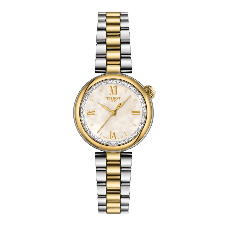 Tissot Desir 28 mm PVD met parelmoeren wijzerplaat, tweekleurige stalen armband en goudkleurige details. ModelT1520102211801