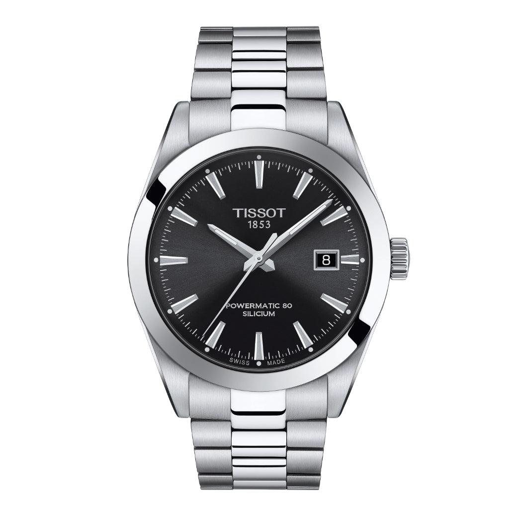 Tissot Gentleman Powermatic 80 Silicon met zwarte wijzerplaat en zilverstalen ketting, model T1274071105100.