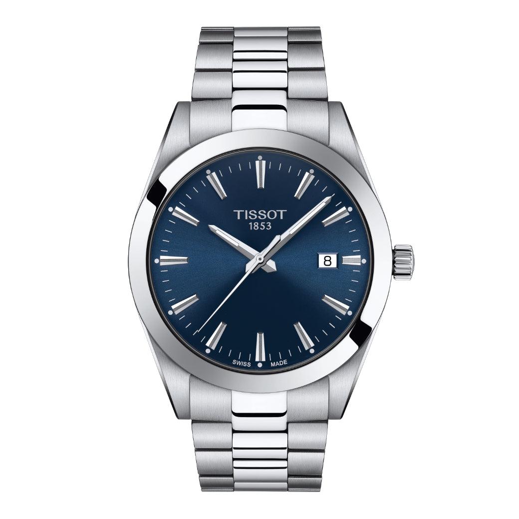 Tissot Gentleman met blauwe wijzerplaat en stalen ketting, elegant en modern herenhorloge. ModelT1274101104100