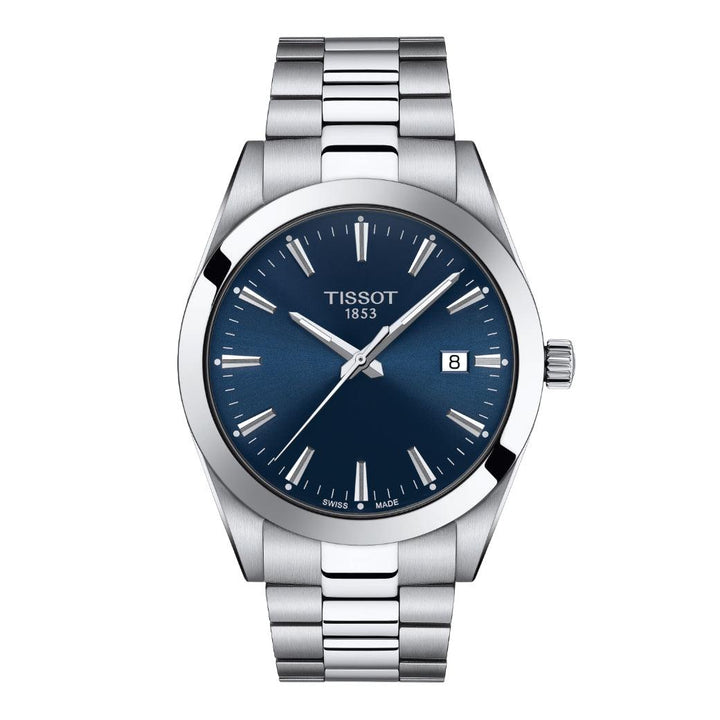 Tissot Gentleman met blauwe wijzerplaat en stalen ketting, elegant en modern herenhorloge. ModelT1274101104100