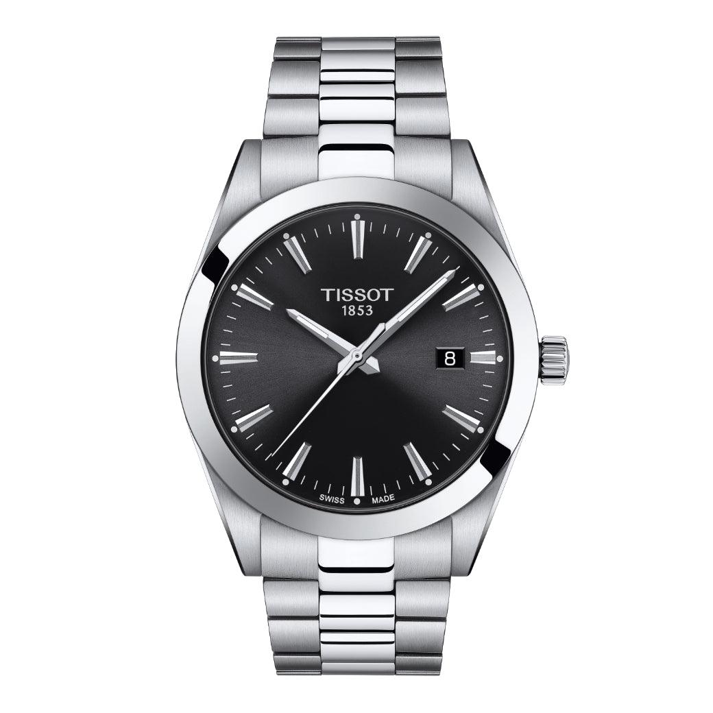 Tissot Gentleman T1274101105100 met zwarte wijzerplaat en stalen schakel, elegant klassiek herenhorloge. ModelT1274101105100