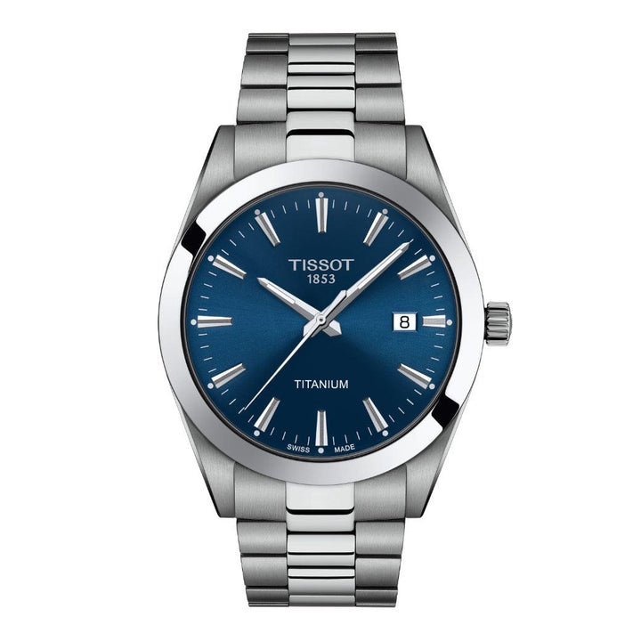 Tissot Gentleman Titanium T1274104404100 met blauwe wijzerplaat en zilveren ketting. ModelT1274104404100