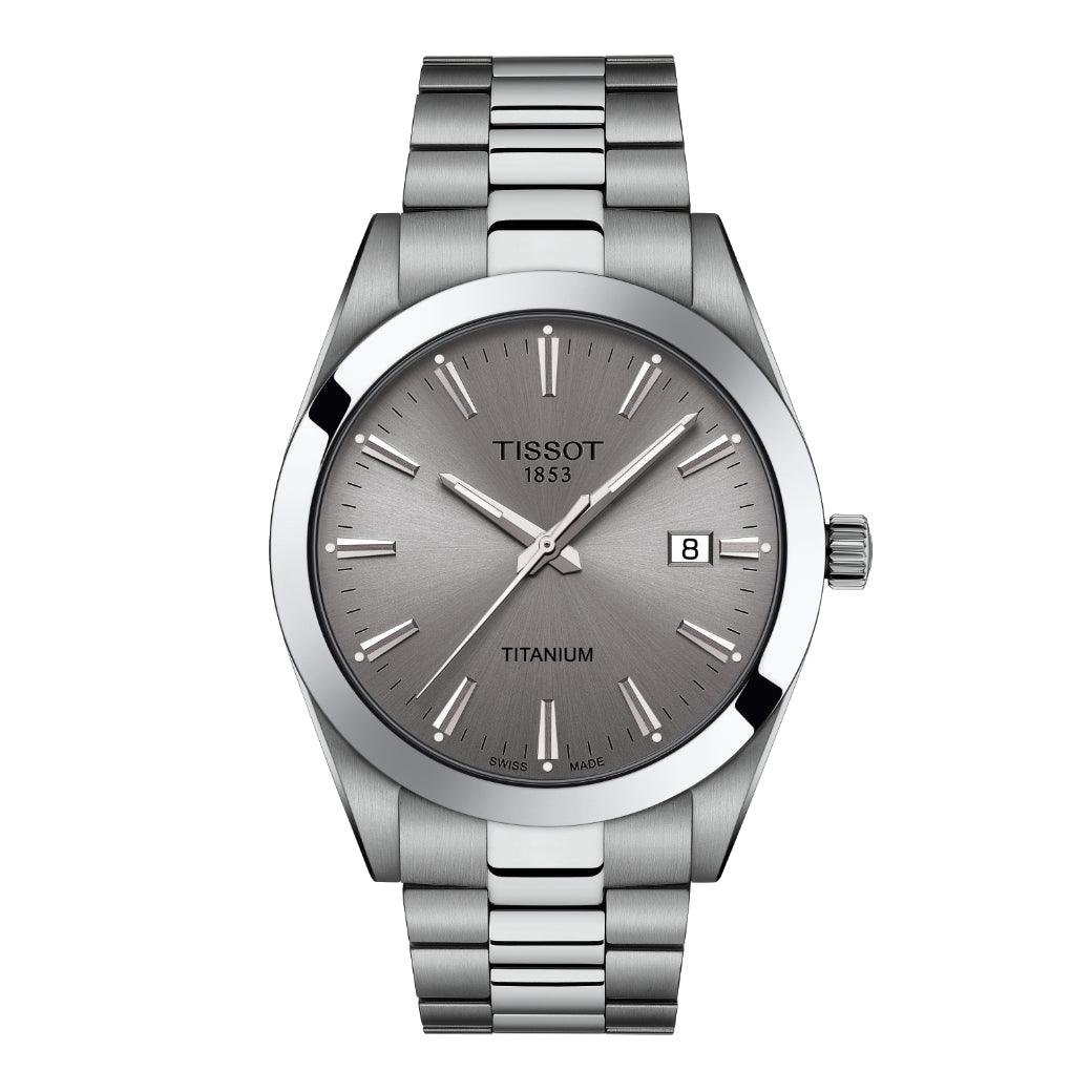 Tissot Gentleman Titanium met grijze wijzerplaat, stalen ketting en duidelijke datumaanduiding. ModelT1274104408100.