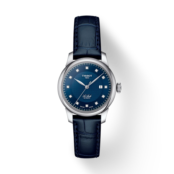 Tissot Le Locle 29 mm met blauwe wijzerplaat, leren band en diamanten indexen, model T0062071604600.
