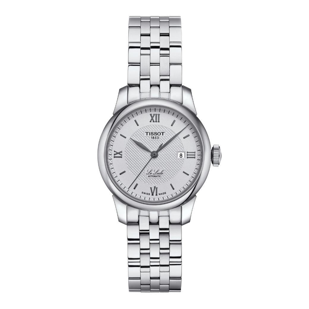 Tissot Le Locle Automatic Lady 29mm toont een elegant zilveren dameshorloge in staal met Romeinse cijfers. ModelT0062071103800.