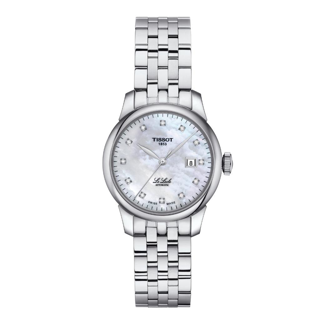 Tissot Le Locle Automatic Lady 29 mm horloge met zilverstalen ketting, parelmoeren wijzerplaat en datum. ModelT0062071111600