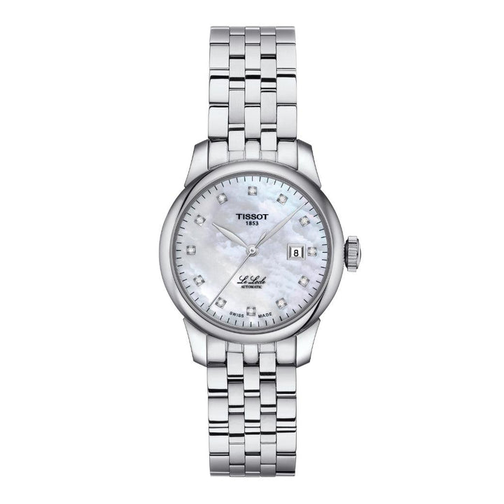Tissot Le Locle Automatic Lady 29 mm horloge met zilverstalen ketting, parelmoeren wijzerplaat en datum. ModelT0062071111600