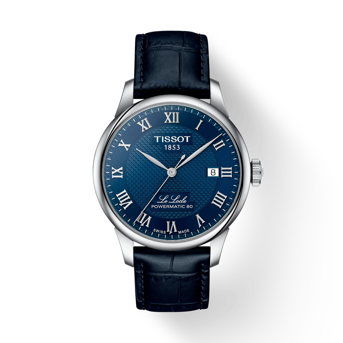 Tissot Le Locle Powermatic 80 met blauwe wijzerplaat, zilveren details en donkerblauwe leren band. ModelT0064071604300