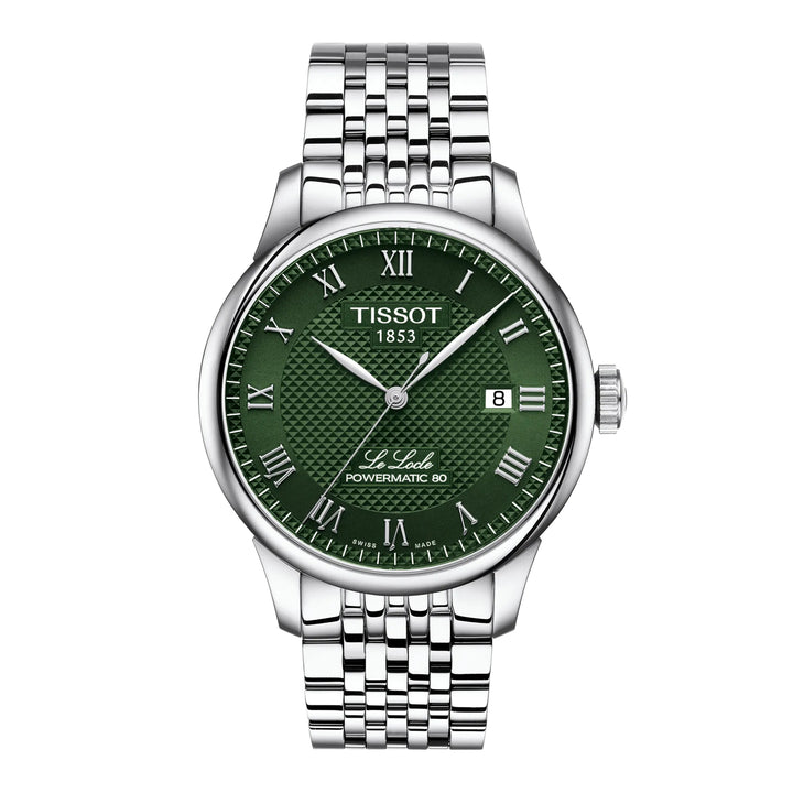 Tissot Le Locle Powermatic 80 met groene wijzerplaat en zilveren band, klassiek herenhorloge. ModelT0064071109300