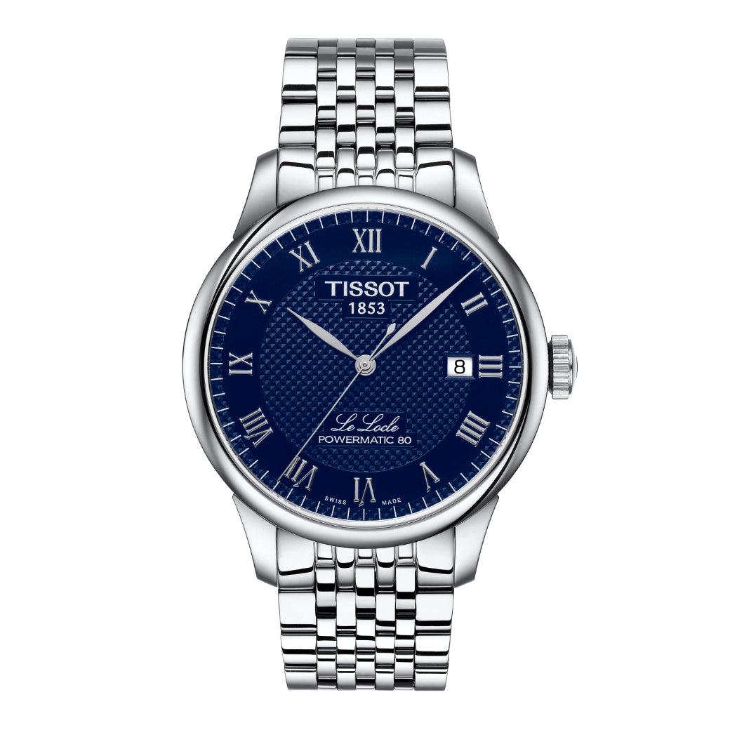 Tissot Le Locle Powermatic 80 herenhorloge met blauwe wijzerplaat en stalen ketting. ModelT0064071104300.