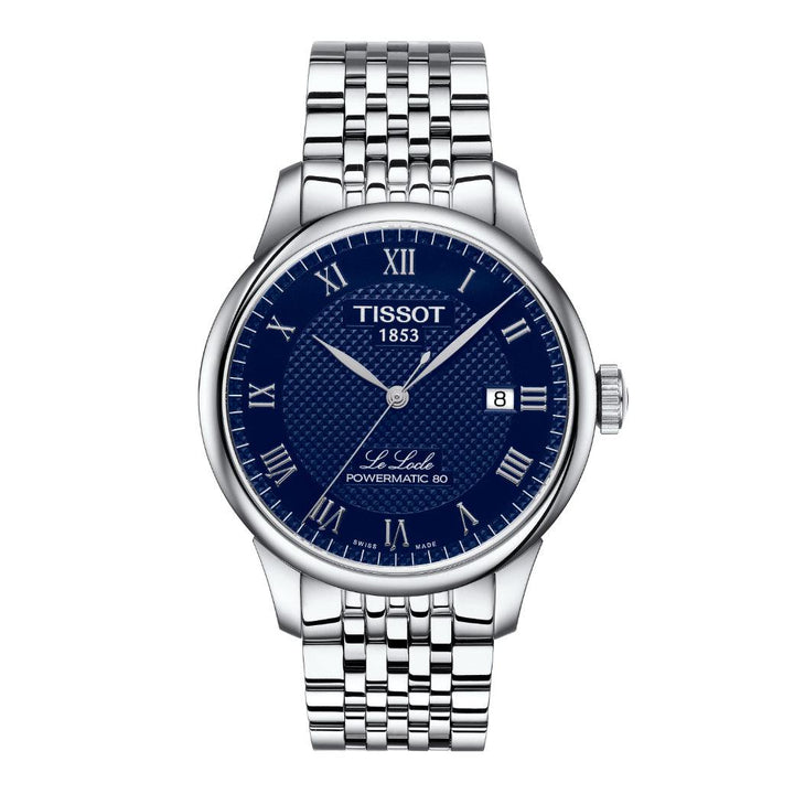 Tissot Le Locle Powermatic 80 herenhorloge met blauwe wijzerplaat en stalen ketting. ModelT0064071104300.