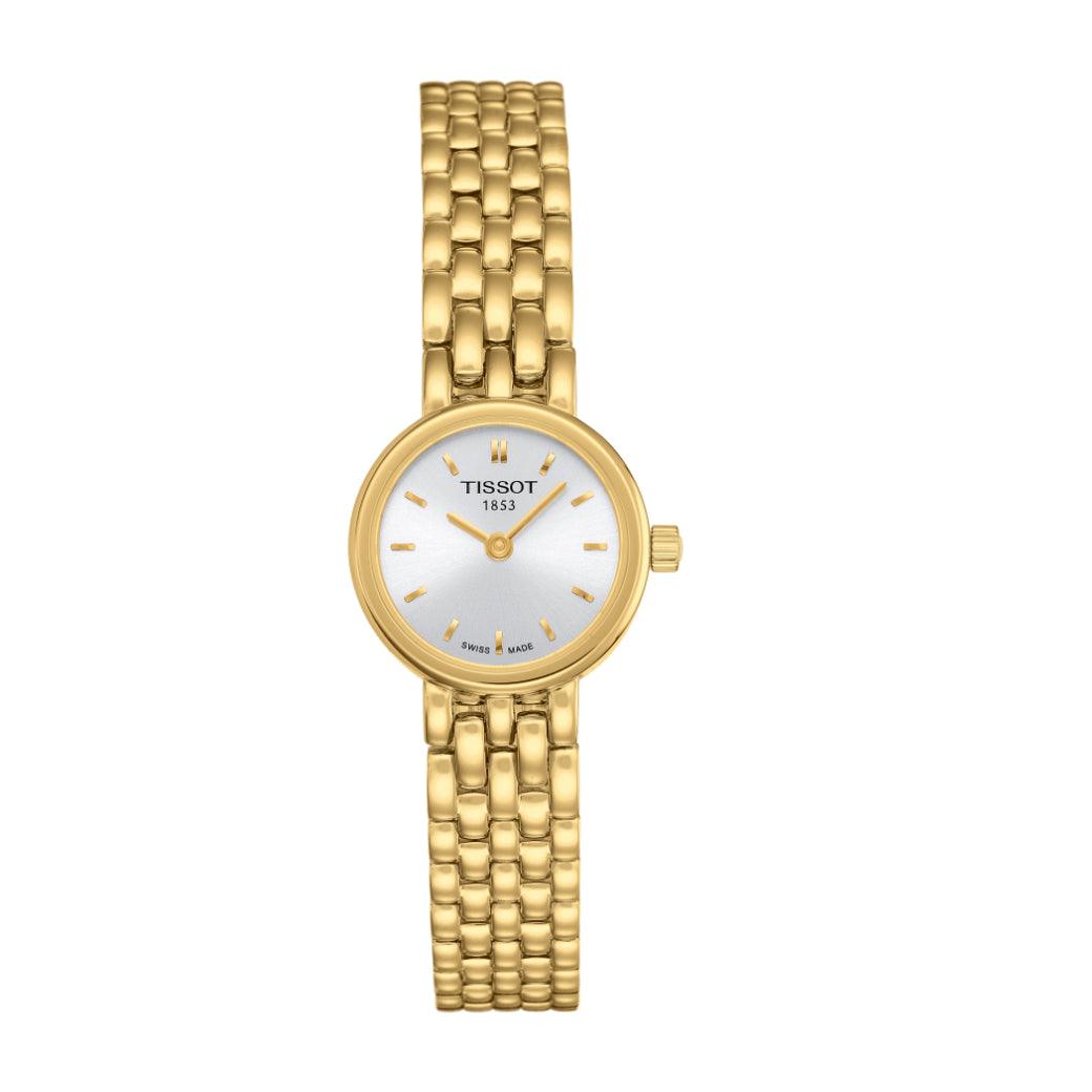 Tissot Lovely T0580093303100 toont een elegant dameshorloge in goud met een zilveren wijzerplaat. ModelT0580093303100.
