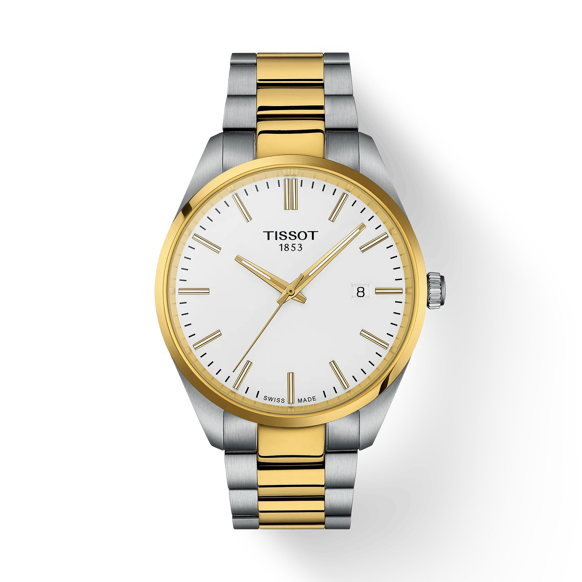 Tissot PR 100 40 mm gouden PVD-stalen schakel, elegant horloge in zilver en goud met witte wijzerplaat. ModelT1504102201100