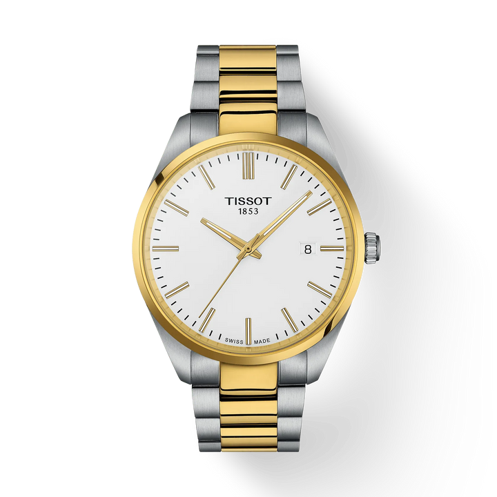 Tissot PR 100 40 mm gouden PVD-stalen schakel, elegant horloge in zilver en goud met witte wijzerplaat. ModelT1504102201100