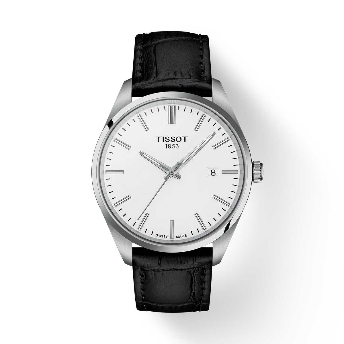 Tissot PR 100 40 mm zwarte leren band met witte wijzerplaat en datum, elegant en stijlvol. ModelT1504101601100