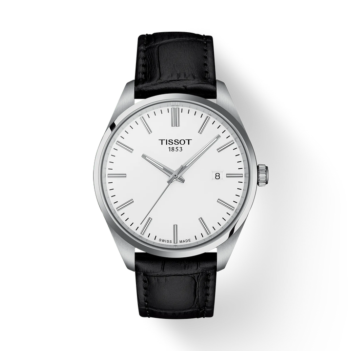 Tissot PR 100 40 mm zwarte leren band met witte wijzerplaat en datum, elegant en stijlvol. ModelT1504101601100