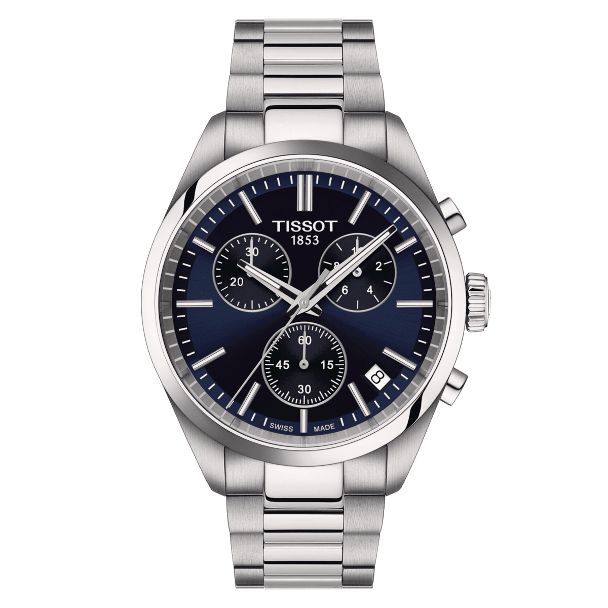 Tissot PR 100 Chronograaf met blauwe wijzerplaat, stalen band en zilveren details. ModelT1504171104100.