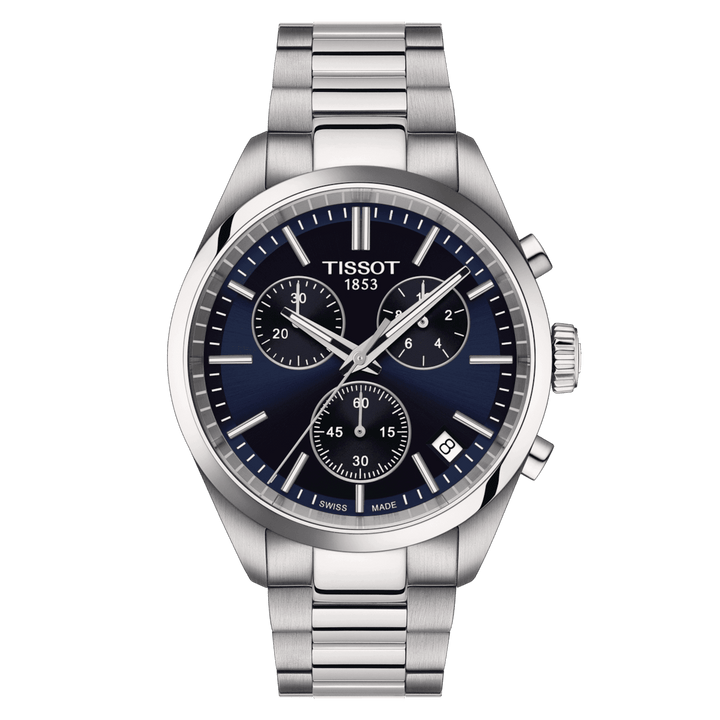Tissot PR 100 Chronograaf met blauwe wijzerplaat, stalen band en zilveren details. ModelT1504171104100.