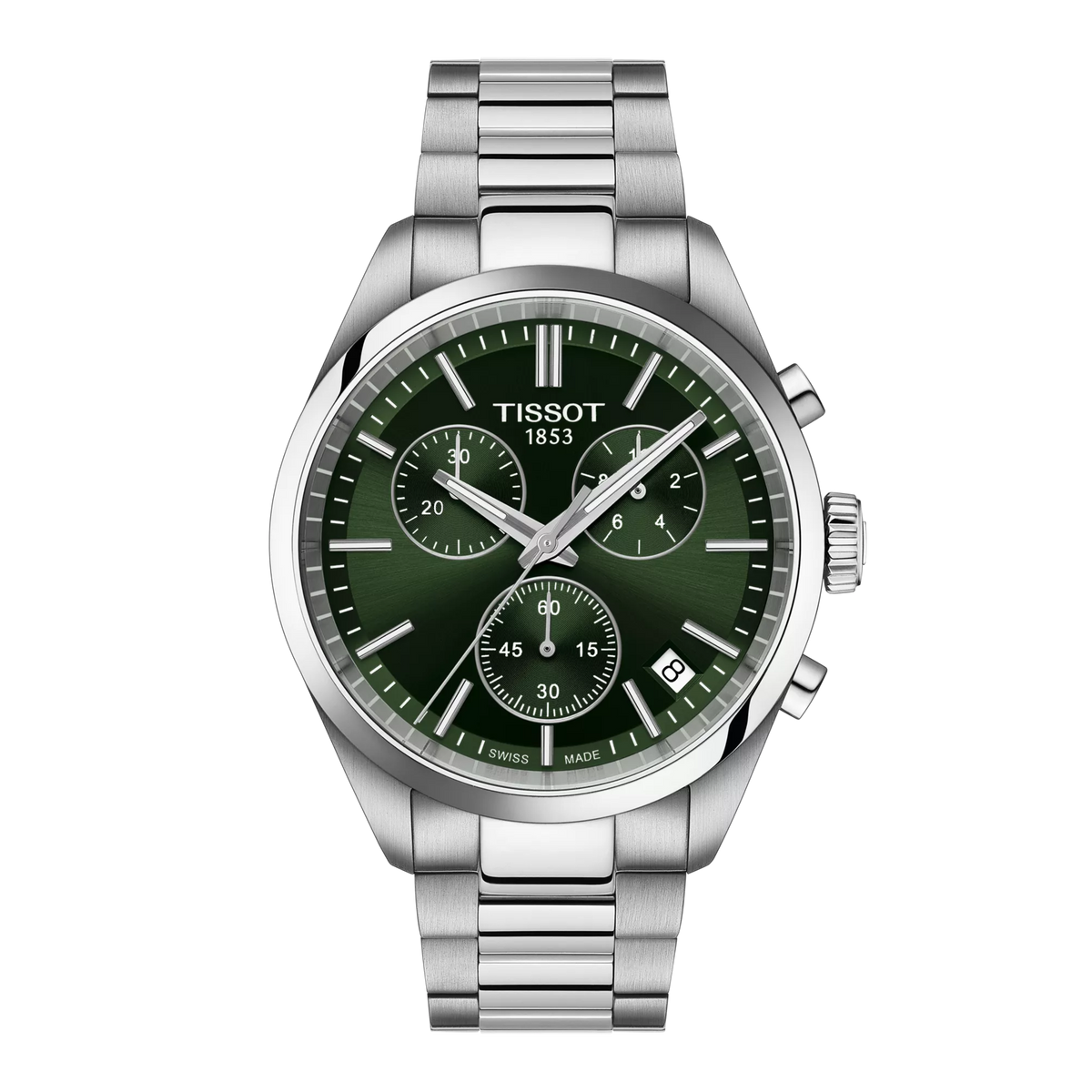 Tissot PR 100 chronograaf met groene wijzerplaat en stalen ketting, vooraanzicht. ModelT1504171109100