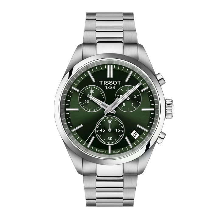 Tissot PR 100 chronograaf met groene wijzerplaat en stalen ketting, vooraanzicht. ModelT1504171109100